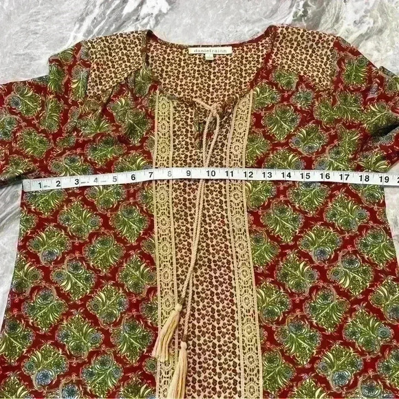 Daniel Rainn Womens S Red Brown Pattern Long Sleeve Boho Crochet Tassel Blouse - Picture 5 of 12